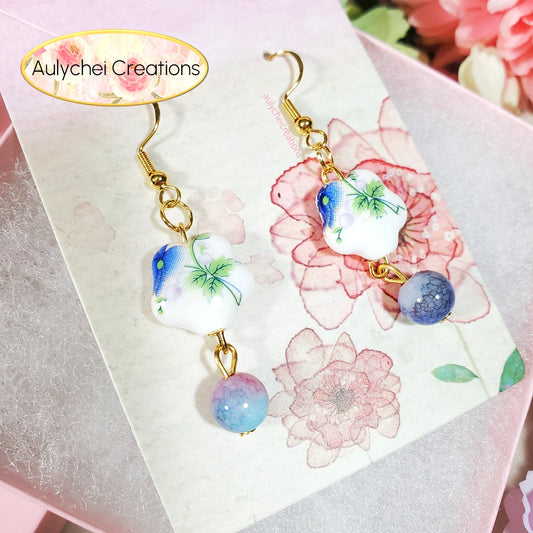 Blue Green Flower Leaf Ceramic Dangle Earrings