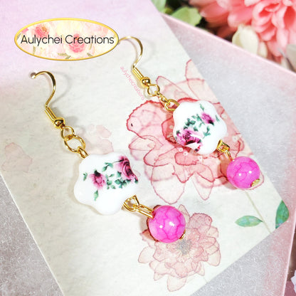 Rose Flower Ceramic Dangle Earrings