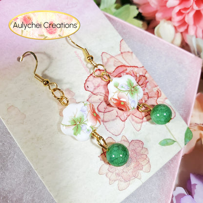 Green Flower Ceramic Dangle Earrings