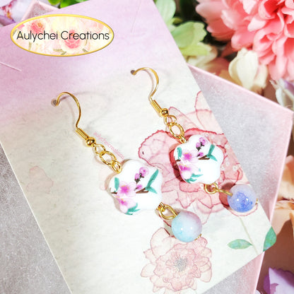 Pink Cherry Blossom Flower Ceramic Dangle Earrings