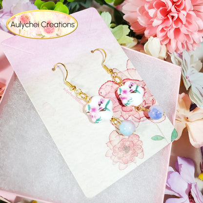 Pink Cherry Blossom Flower Ceramic Dangle Earrings