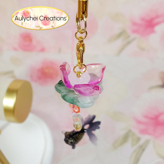 Black Goldfish Lotus Flower Glass Bead Keychain 02