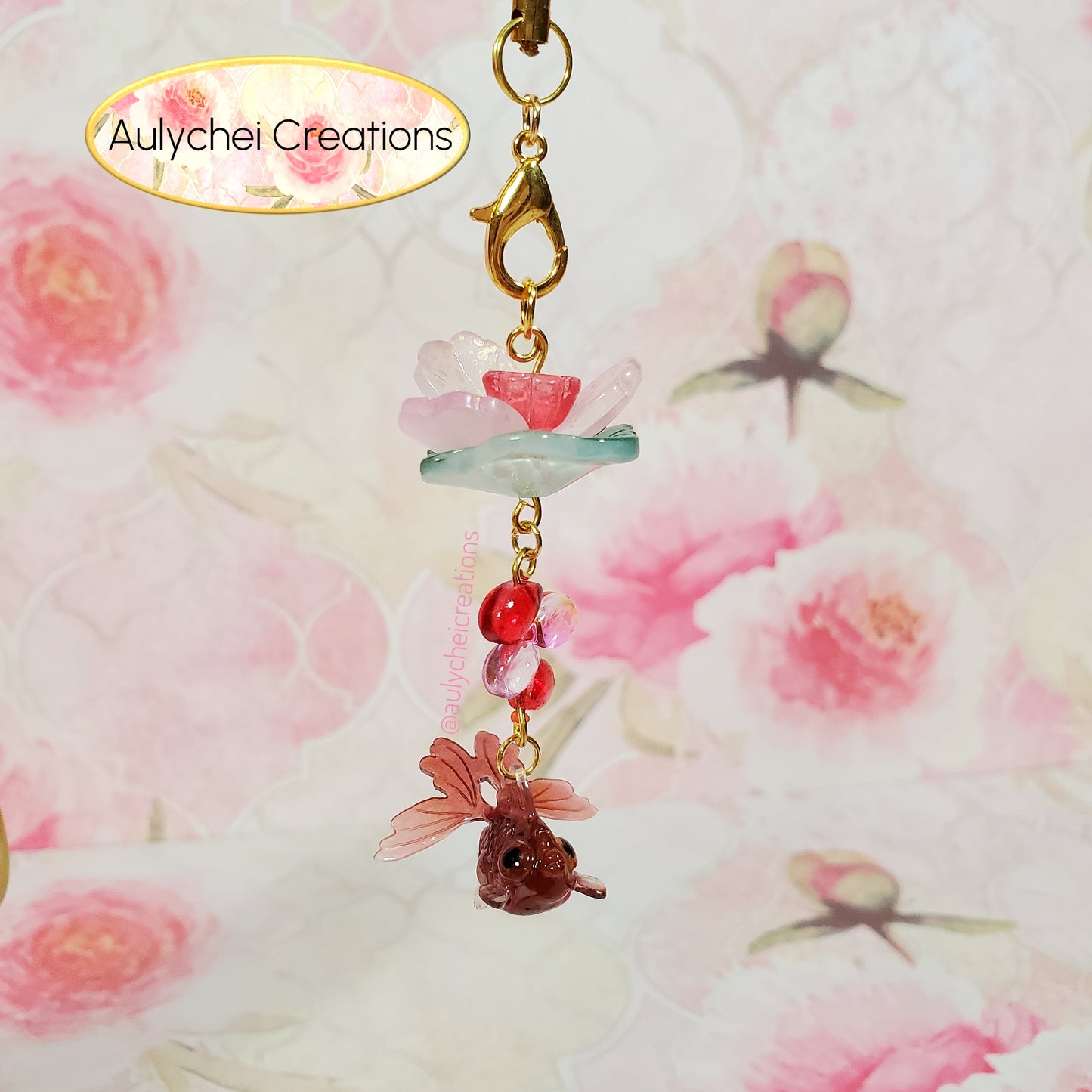 Red Goldfish Lotus Flower Glass Bead Keychain 02