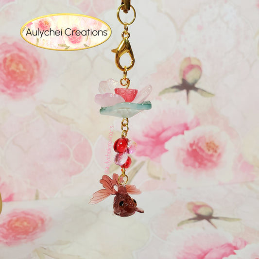 Red Goldfish Lotus Flower Glass Bead Keychain 02