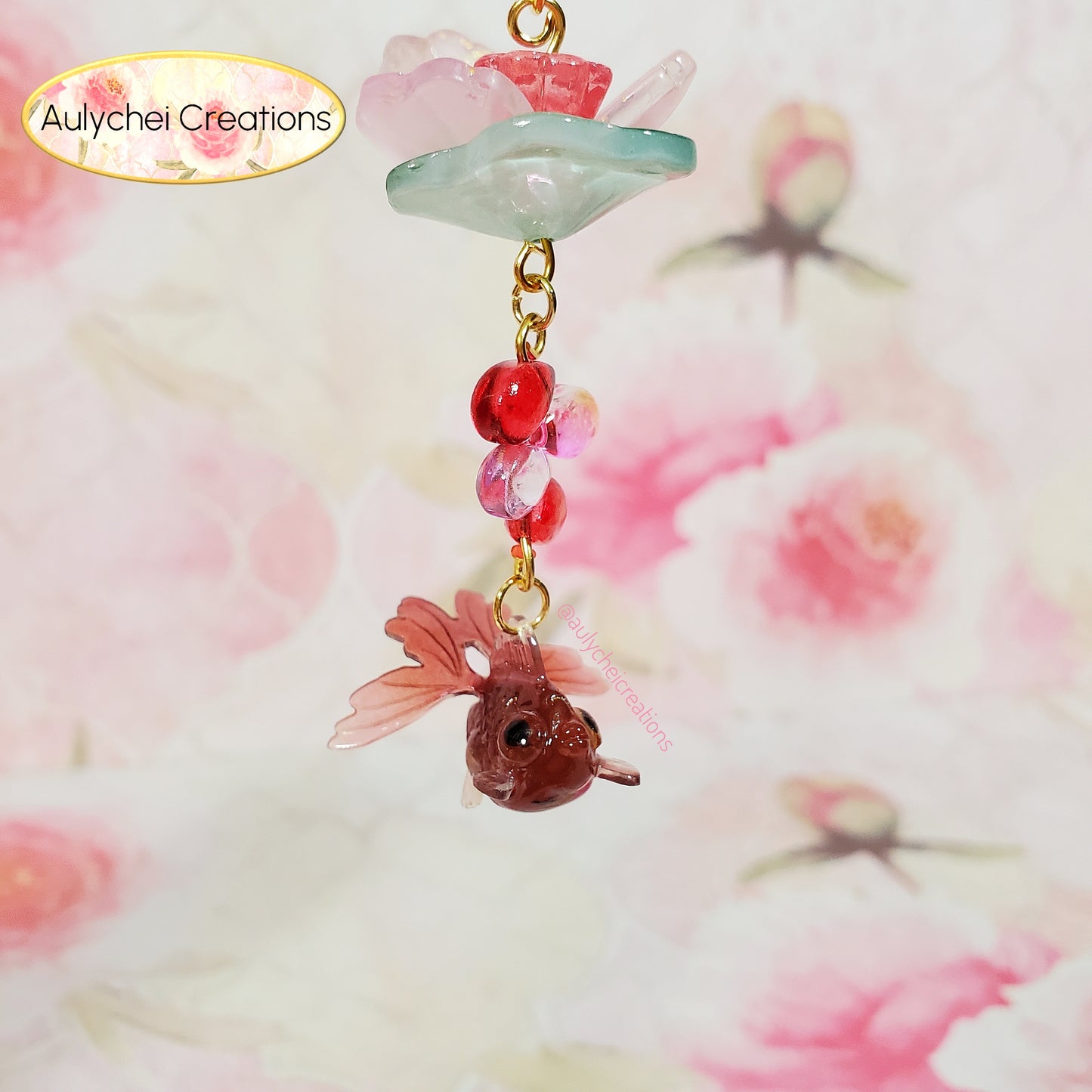 Red Goldfish Lotus Flower Glass Bead Keychain 02