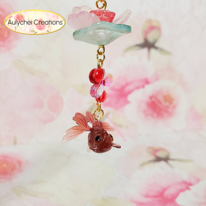 Red Goldfish Lotus Flower Glass Bead Keychain 02