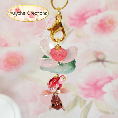 Red Goldfish Lotus Flower Glass Bead Keychain 02