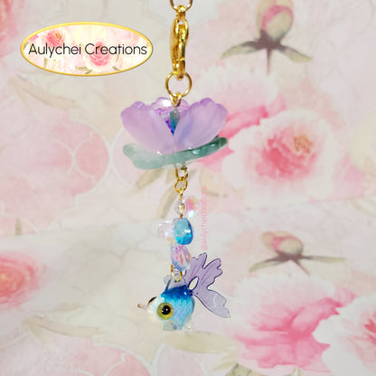 Blue Goldfish Lotus Flower Glass Bead Keychain 01