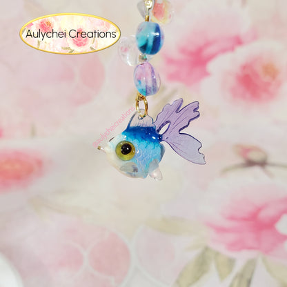 Blue Goldfish Lotus Flower Glass Bead Keychain 01