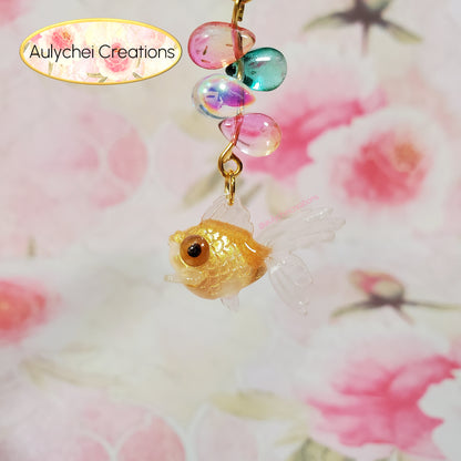 Gold Goldfish Lotus Flower Glass Bead Keychain 01
