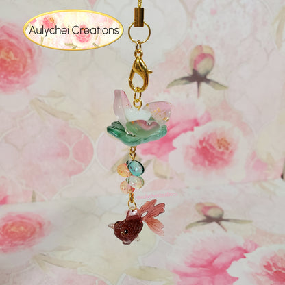 Red Goldfish Lotus Flower Glass Bead Keychain 01