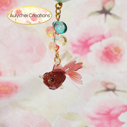 Red Goldfish Lotus Flower Glass Bead Keychain 01