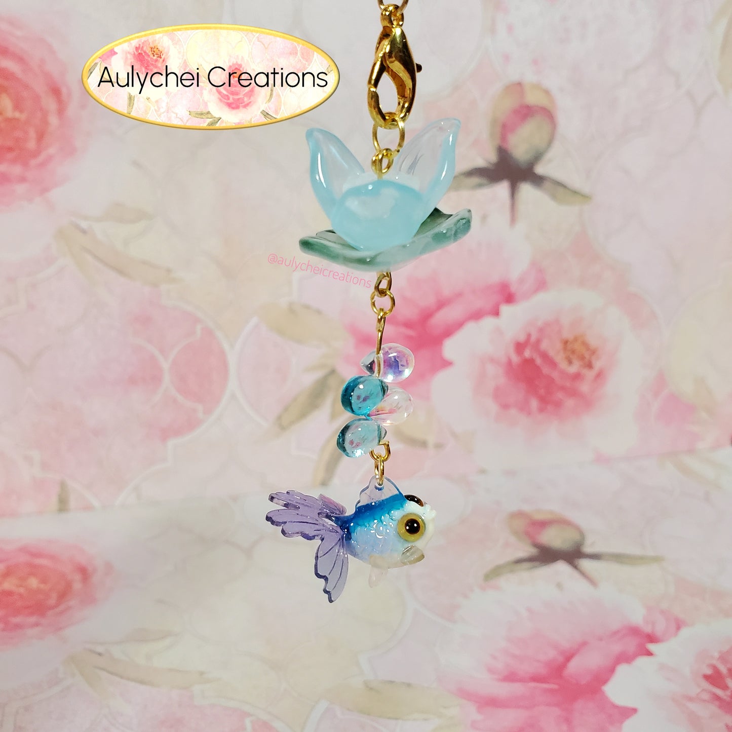 Blue Goldfish Lotus Flower Glass Bead Keychain 02