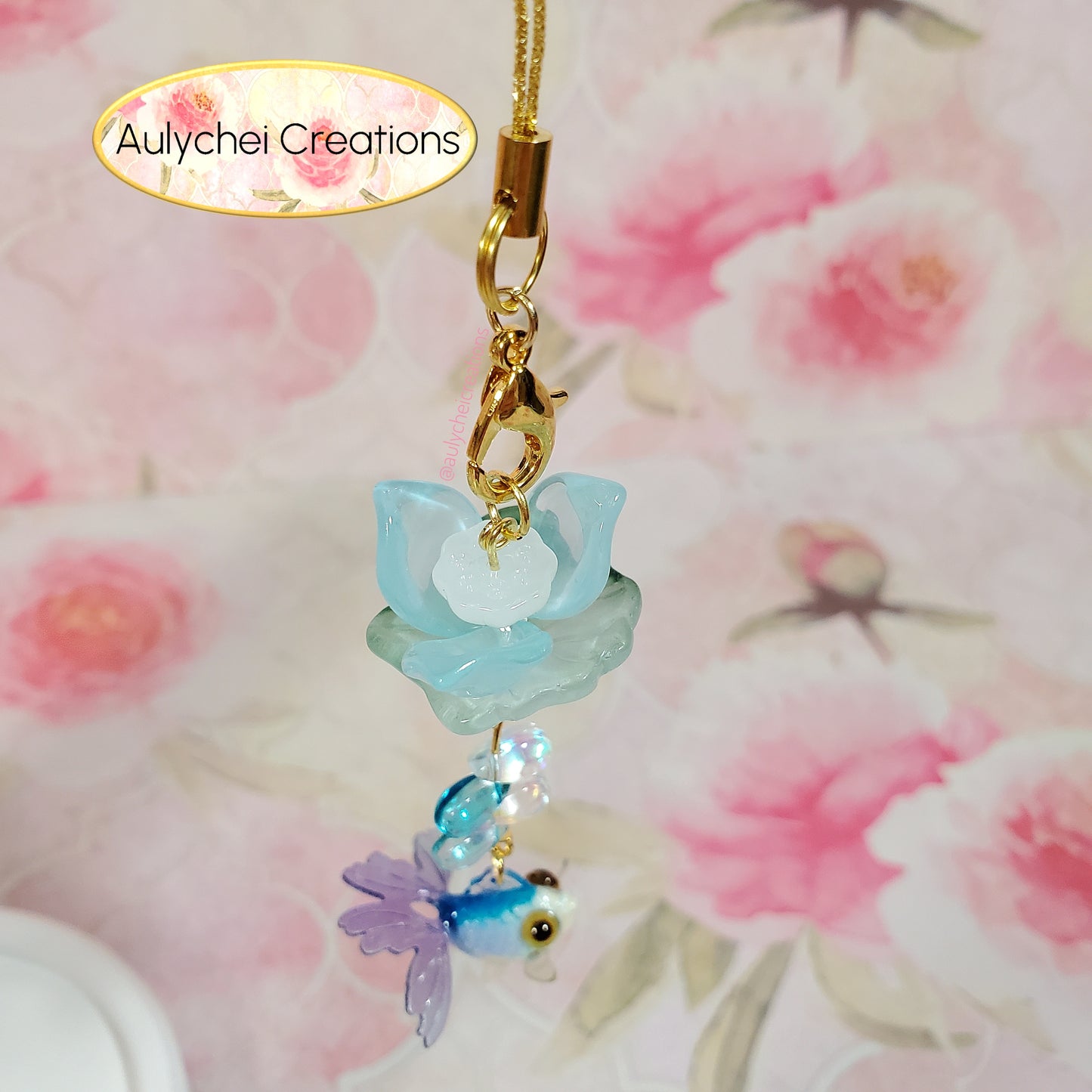 Blue Goldfish Lotus Flower Glass Bead Keychain 02