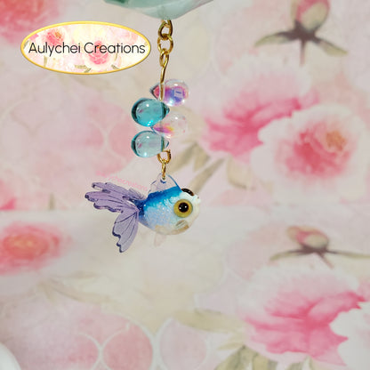 Blue Goldfish Lotus Flower Glass Bead Keychain 02