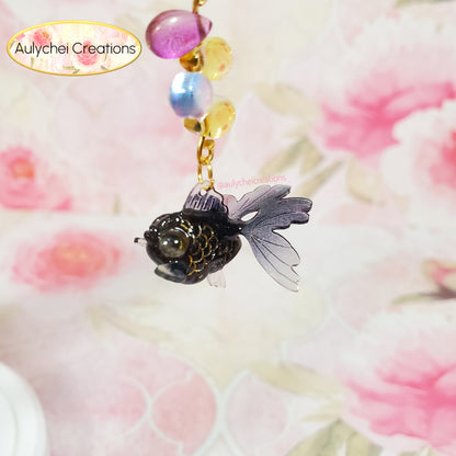 Black Goldfish Lotus Flower Glass Bead Keychain 01