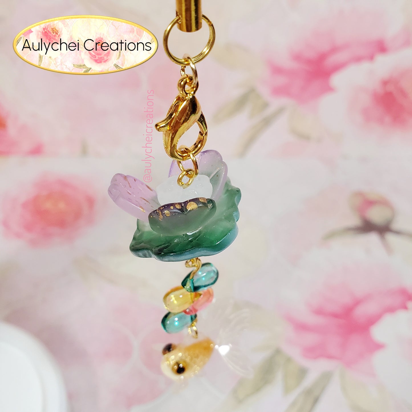 Gold Goldfish Lotus Flower Glass Bead Keychain 02