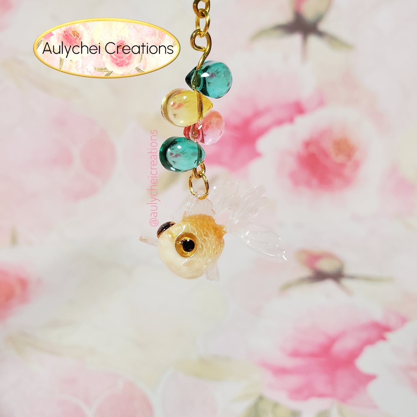 Gold Goldfish Lotus Flower Glass Bead Keychain 02