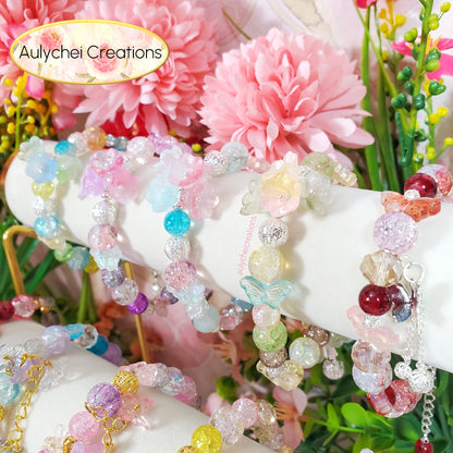 Yellow Lily Butterfly Crackle Glass Beaded Bracelet