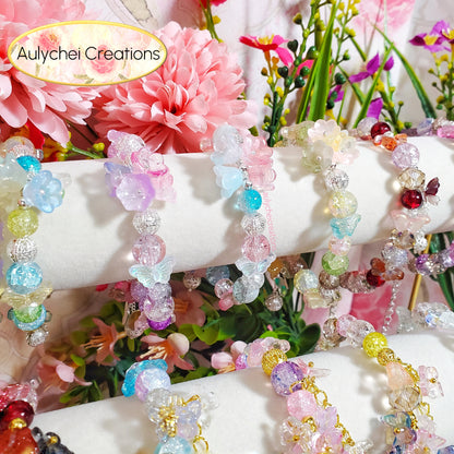 Yellow Lily Butterfly Crackle Glass Beaded Bracelet