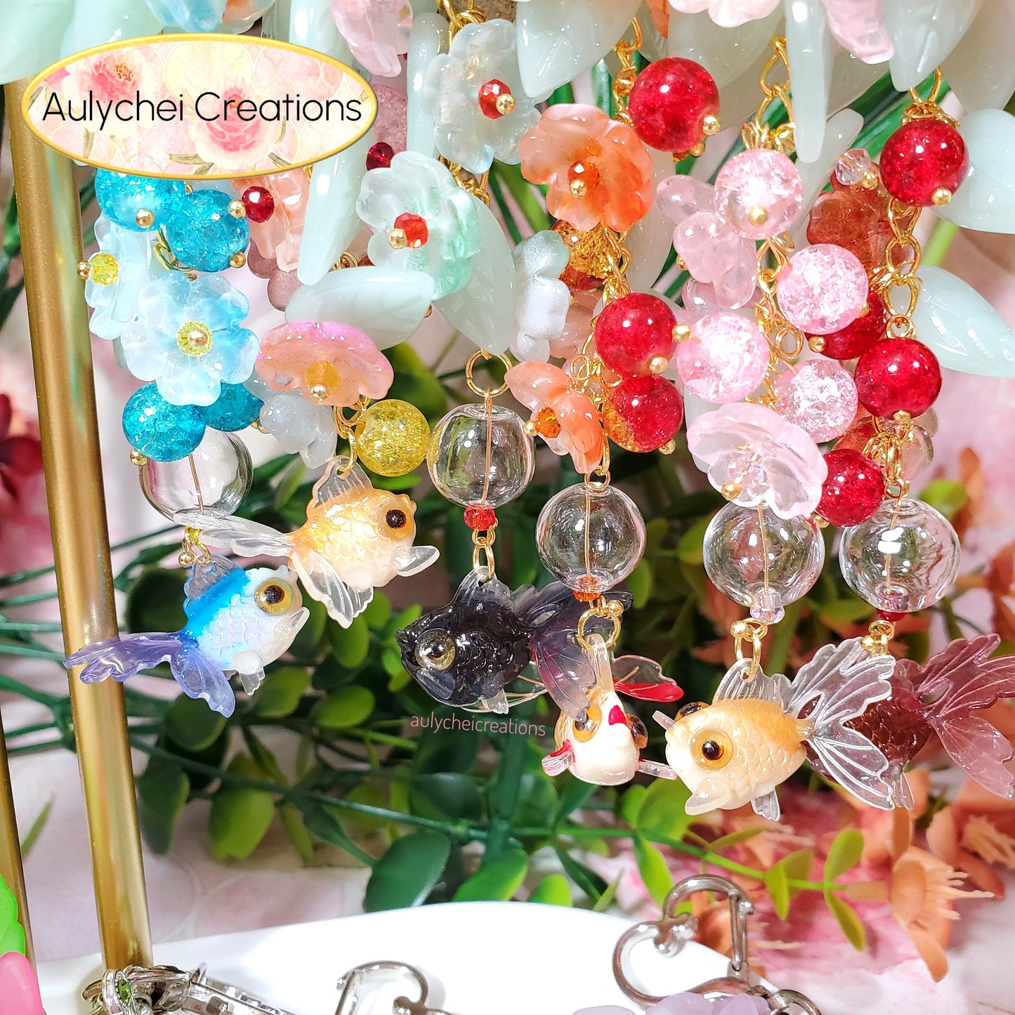 Red 3D Glass Goldfish Flower Lanyard