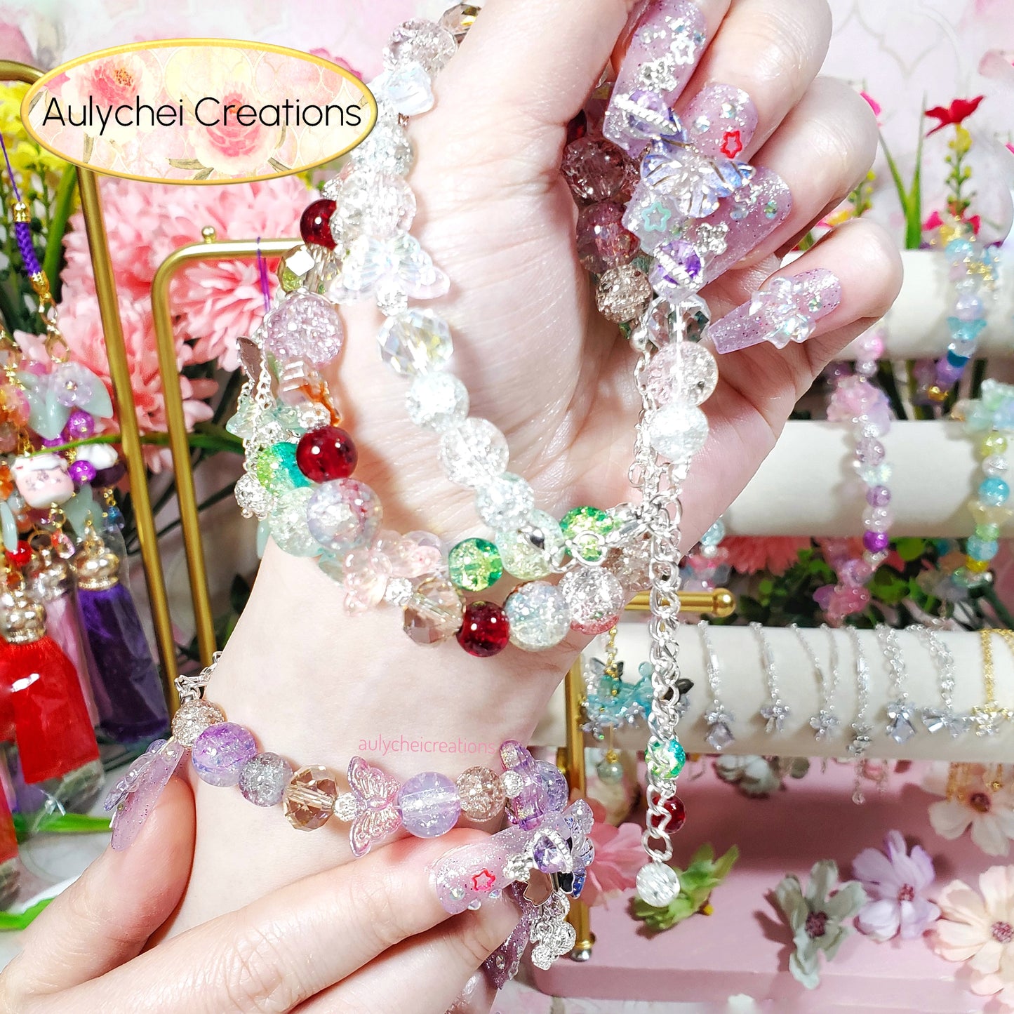 Red Butterfly Crackle Glass Beaded Clasp Bracelet