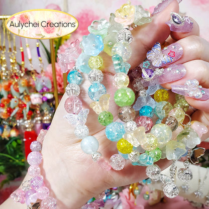 Yellow Lily Butterfly Crackle Glass Beaded Bracelet