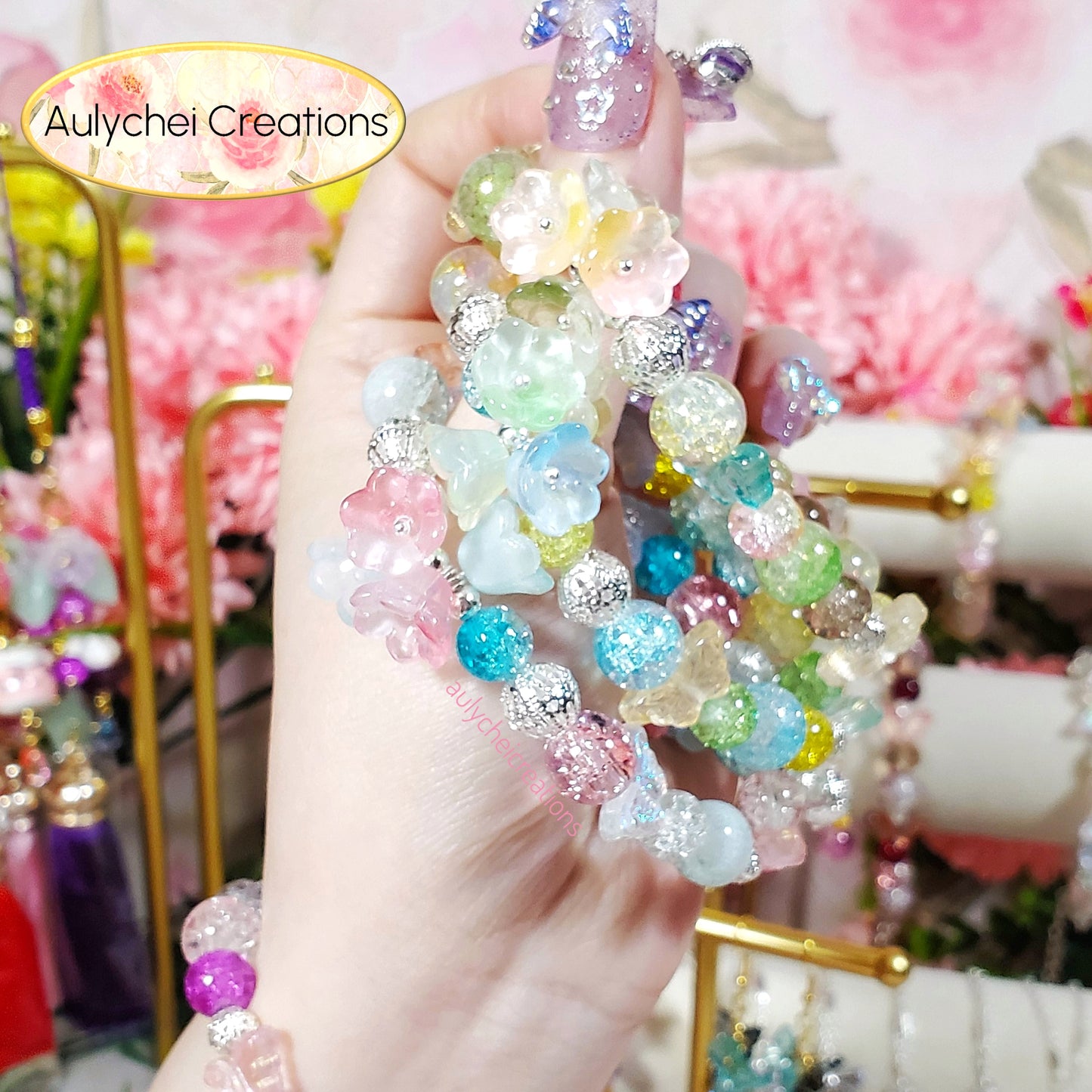 Yellow Lily Butterfly Crackle Glass Beaded Bracelet