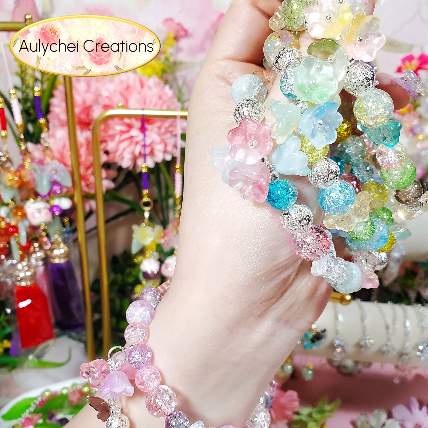 Yellow Lily Butterfly Crackle Glass Beaded Bracelet