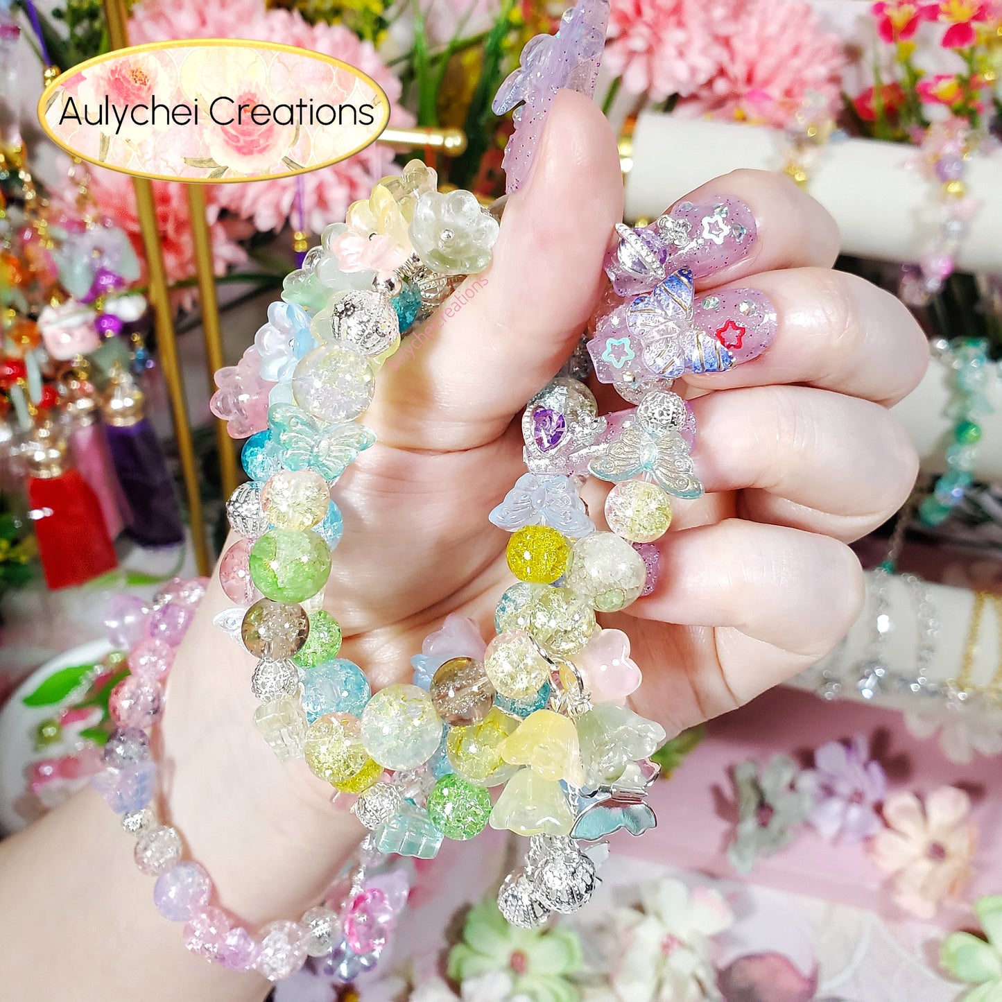 Yellow Lily Butterfly Crackle Glass Beaded Bracelet