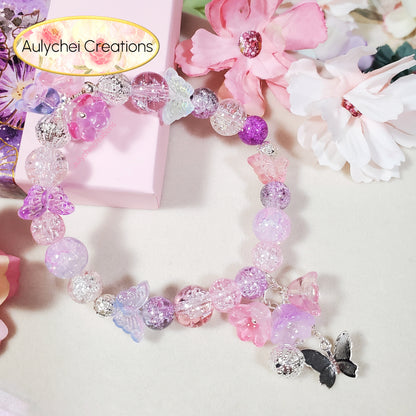 Purple Lily Butterfly Crackle Glass Beaded Bracelet