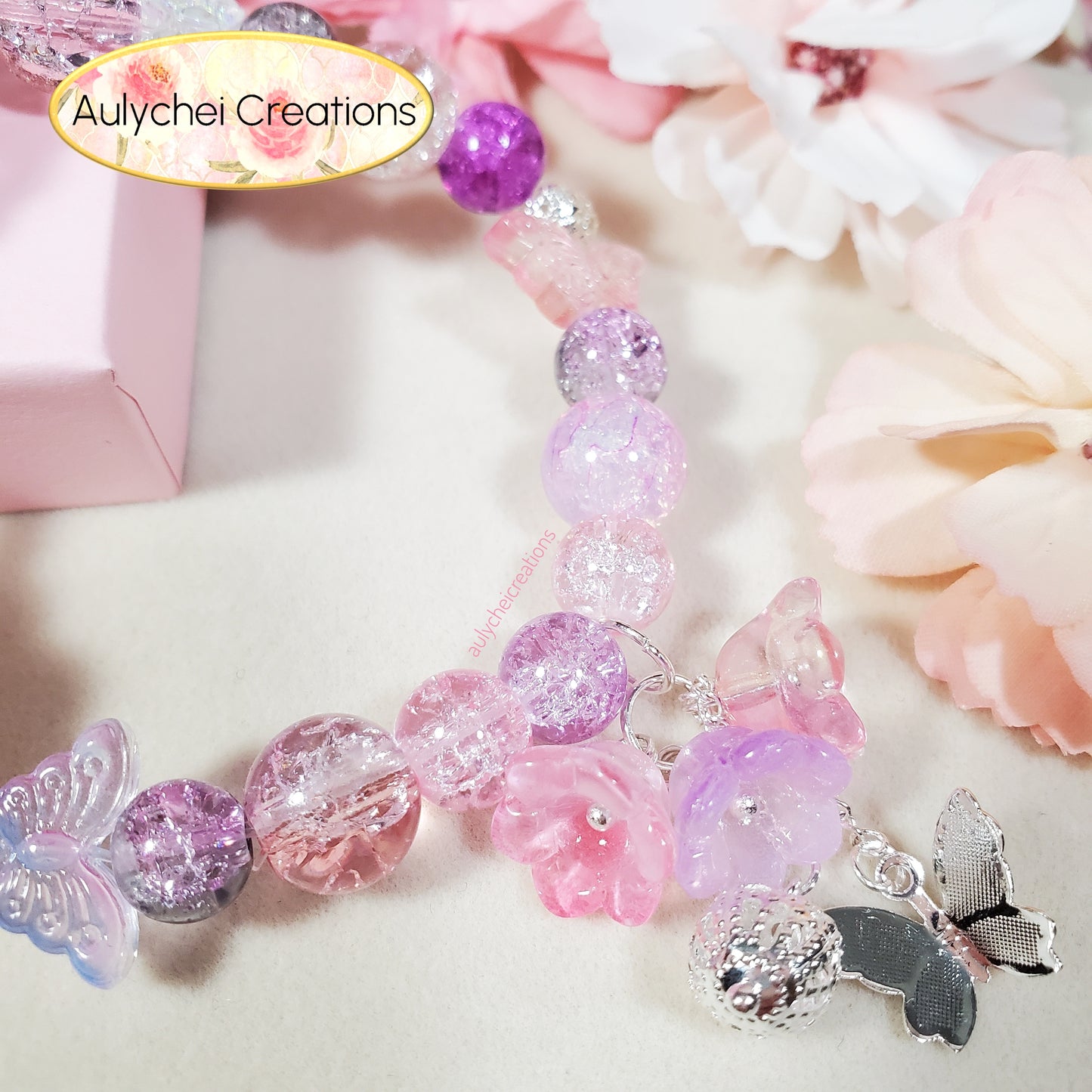 Purple Lily Butterfly Crackle Glass Beaded Bracelet