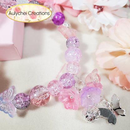 Purple Lily Butterfly Crackle Glass Beaded Bracelet