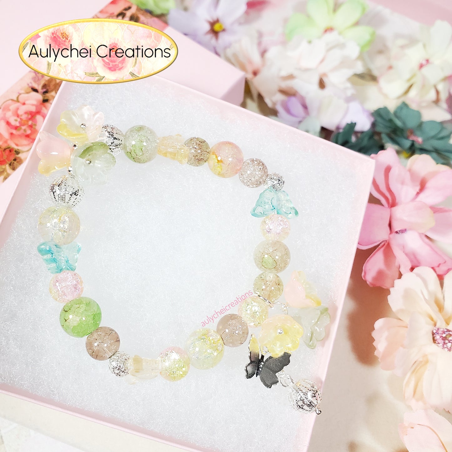 Yellow Lily Butterfly Crackle Glass Beaded Bracelet