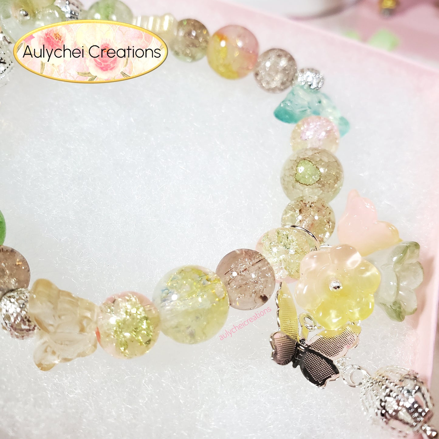 Yellow Lily Butterfly Crackle Glass Beaded Bracelet