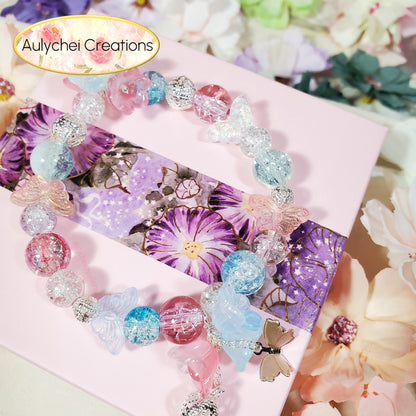 Blue Lily Butterfly Crackle Glass Beaded Bracelet