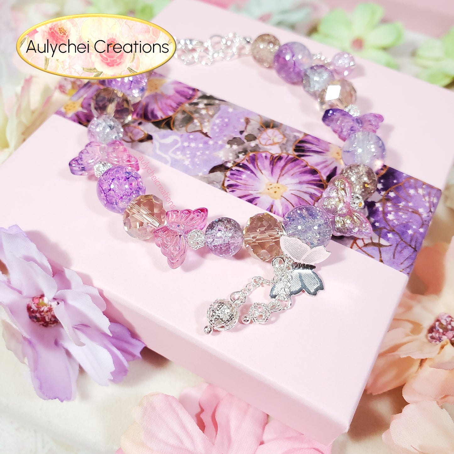 Purple Butterfly Crackle Glass Beaded Clasp Bracelet