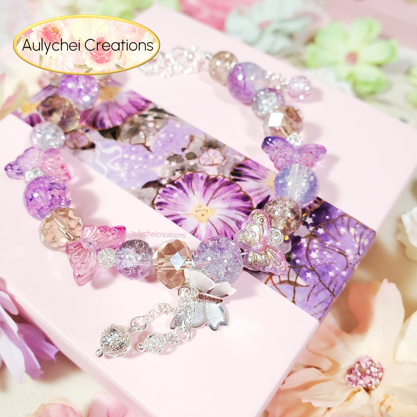 Purple Butterfly Crackle Glass Beaded Clasp Bracelet