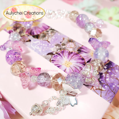 Purple Butterfly Crackle Glass Beaded Clasp Bracelet