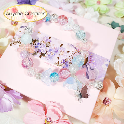 Blue Lily Butterfly Crackle Glass Beaded Bracelet