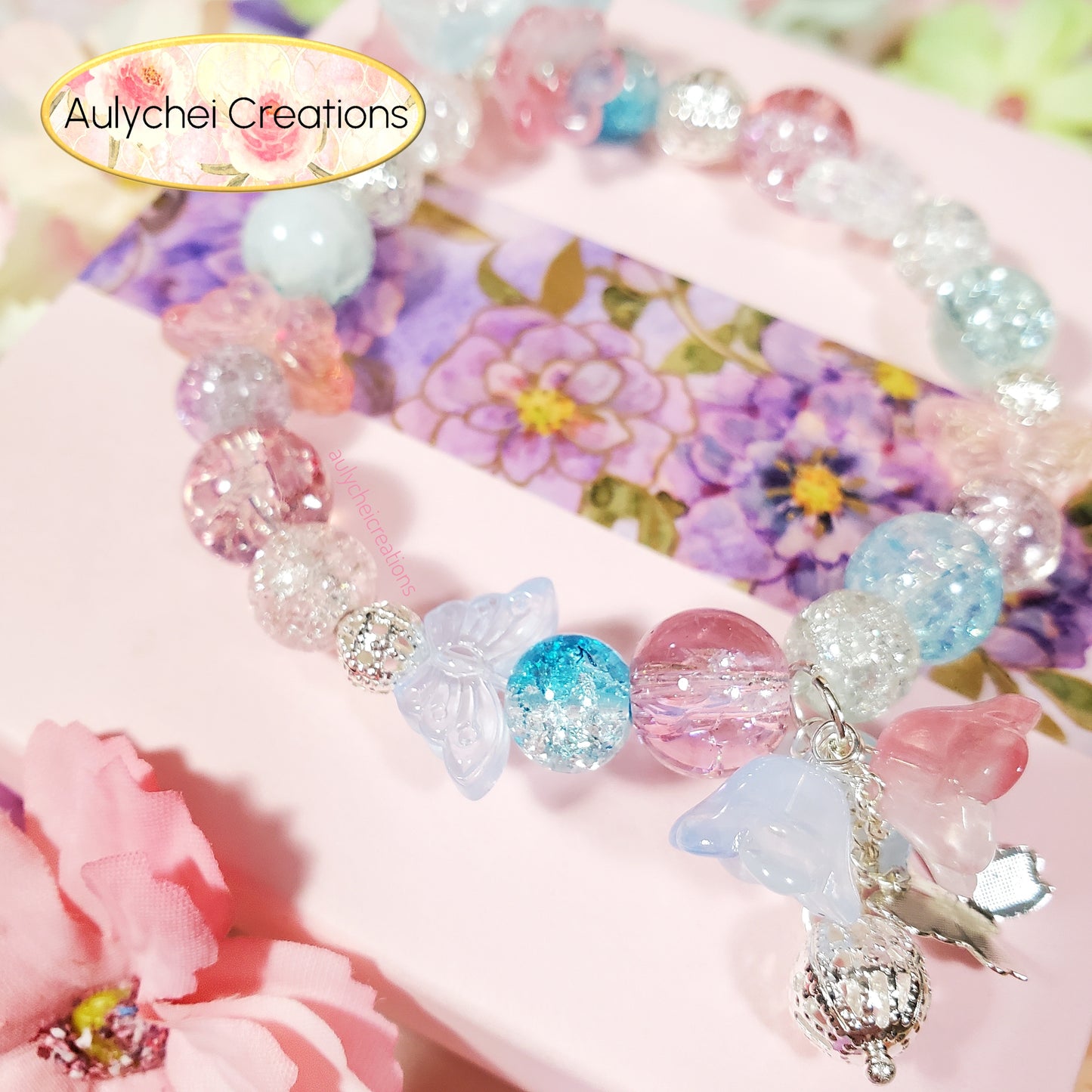 Blue Lily Butterfly Crackle Glass Beaded Bracelet