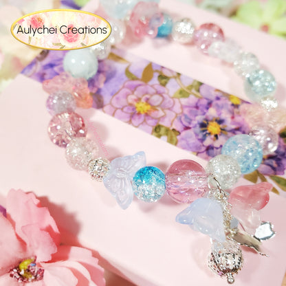 Blue Lily Butterfly Crackle Glass Beaded Bracelet