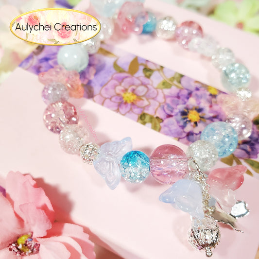 Blue Lily Butterfly Crackle Glass Beaded Bracelet