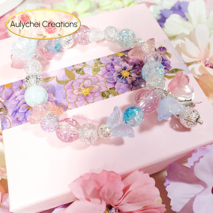 Blue Lily Butterfly Crackle Glass Beaded Bracelet