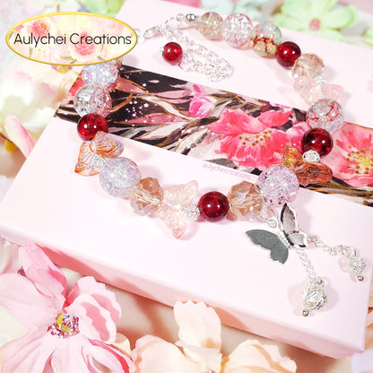 Red Butterfly Crackle Glass Beaded Clasp Bracelet