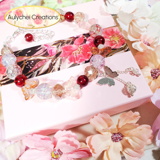 Red Butterfly Crackle Glass Beaded Clasp Bracelet