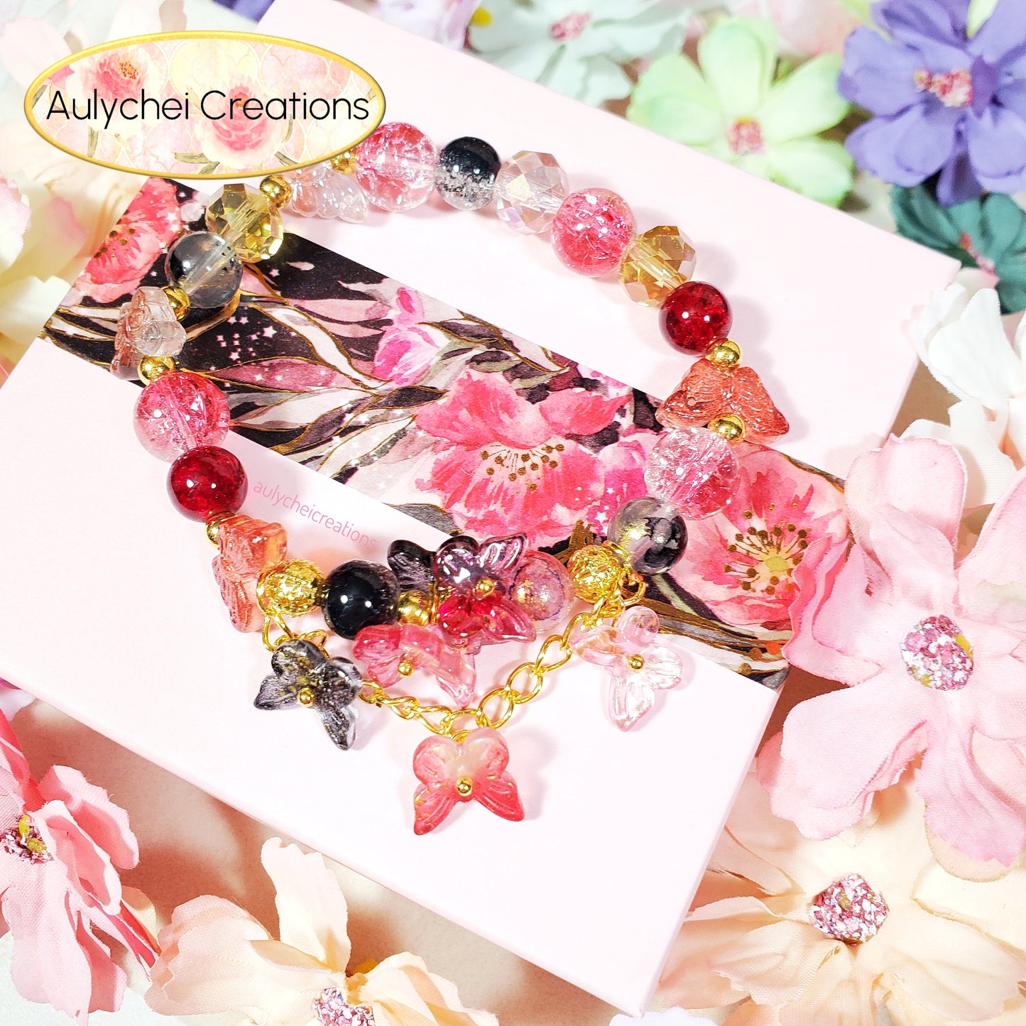 Red Butterfly Crackle Glass Beaded Bracelet