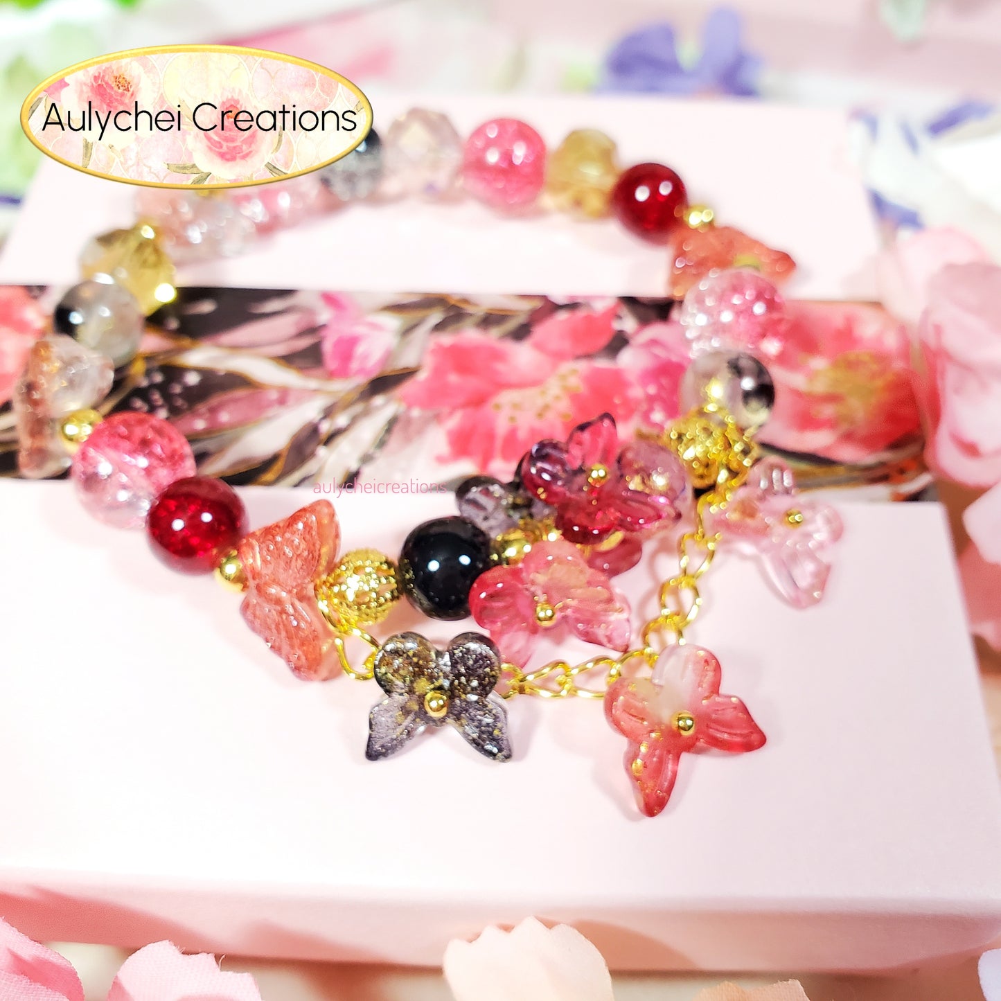 Red Butterfly Crackle Glass Beaded Bracelet