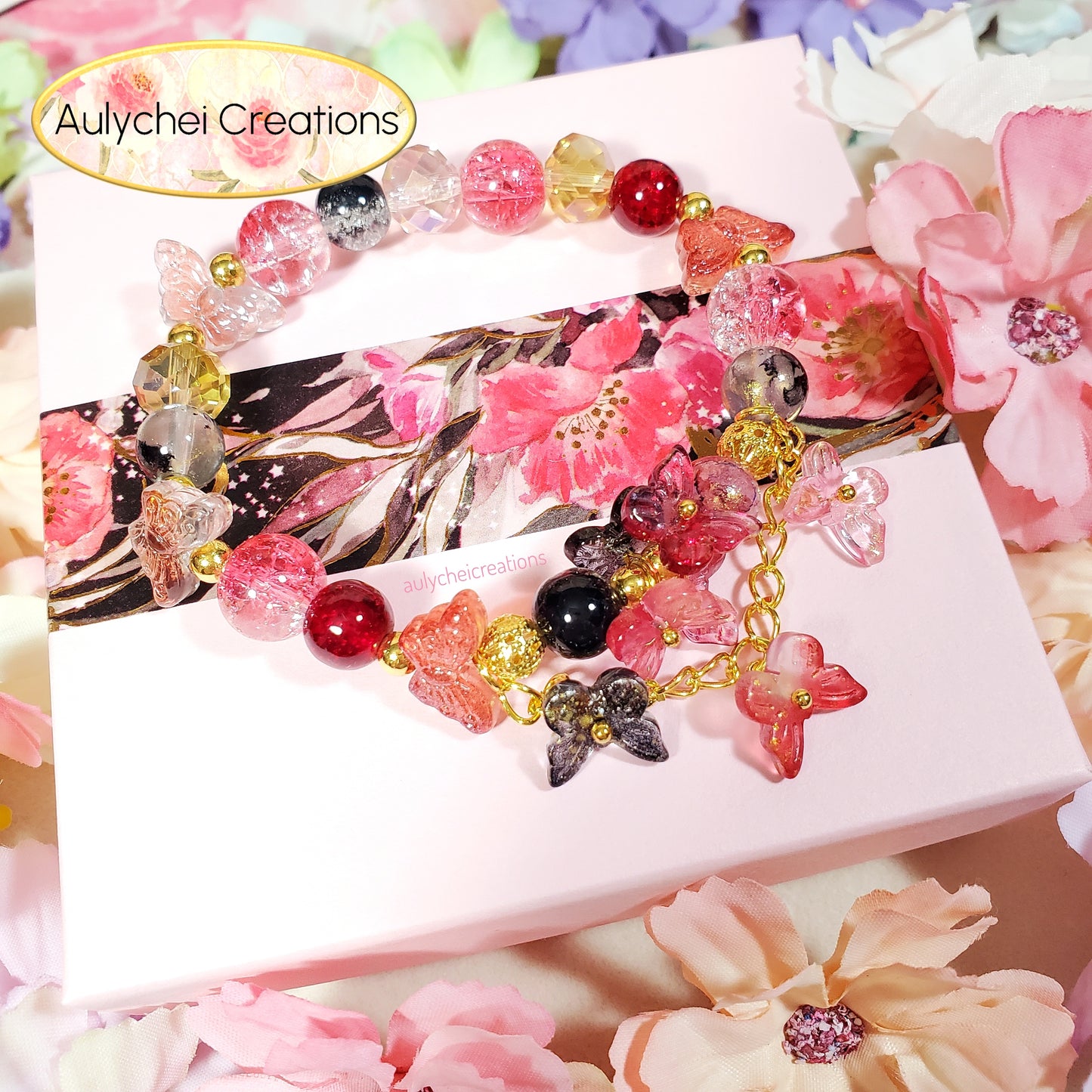 Red Butterfly Crackle Glass Beaded Bracelet