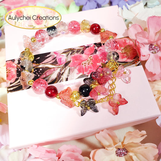 Red Butterfly Crackle Glass Beaded Bracelet